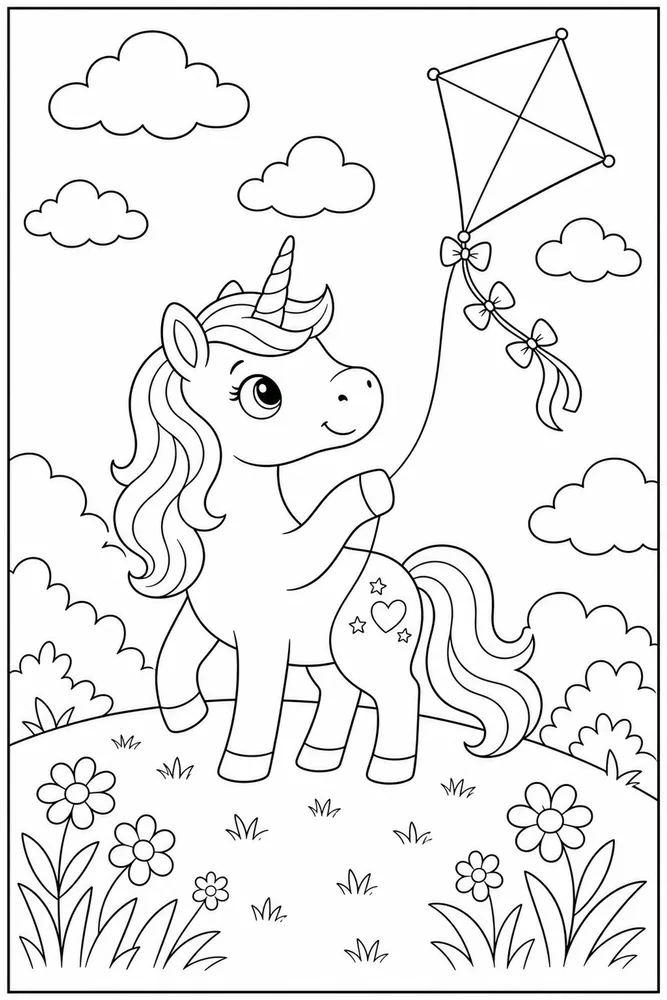 Cute Unicorn Kite Hill coloring page