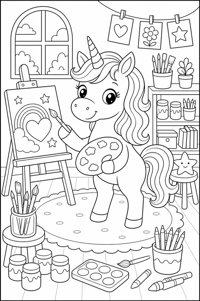 Cute Unicorn Paint Brush Studio coloring page