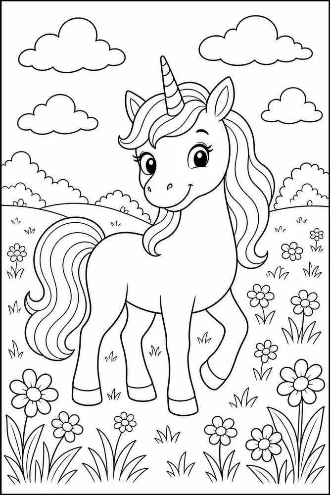 Cute Unicorn Smiling Meadow coloring page