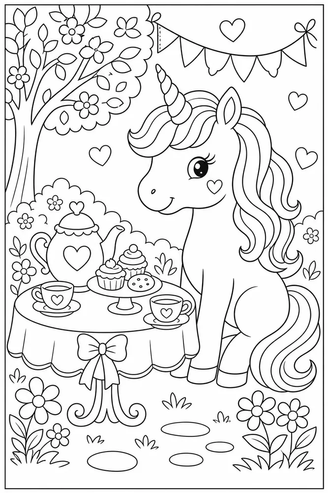 Cute Unicorn Tea Party coloring page