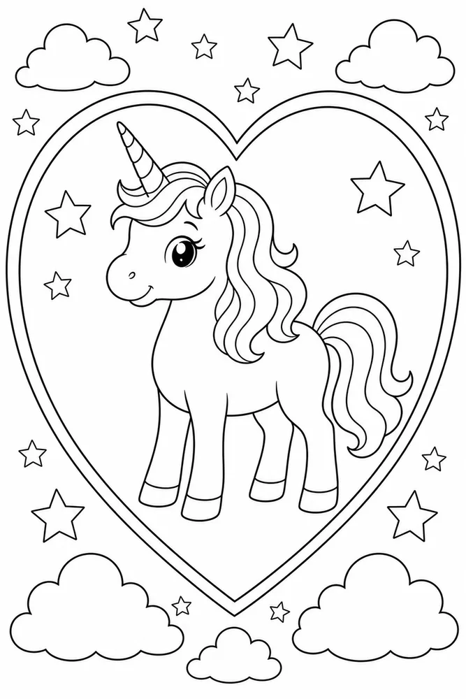 Easy Unicorn Big Heart Frame coloring page