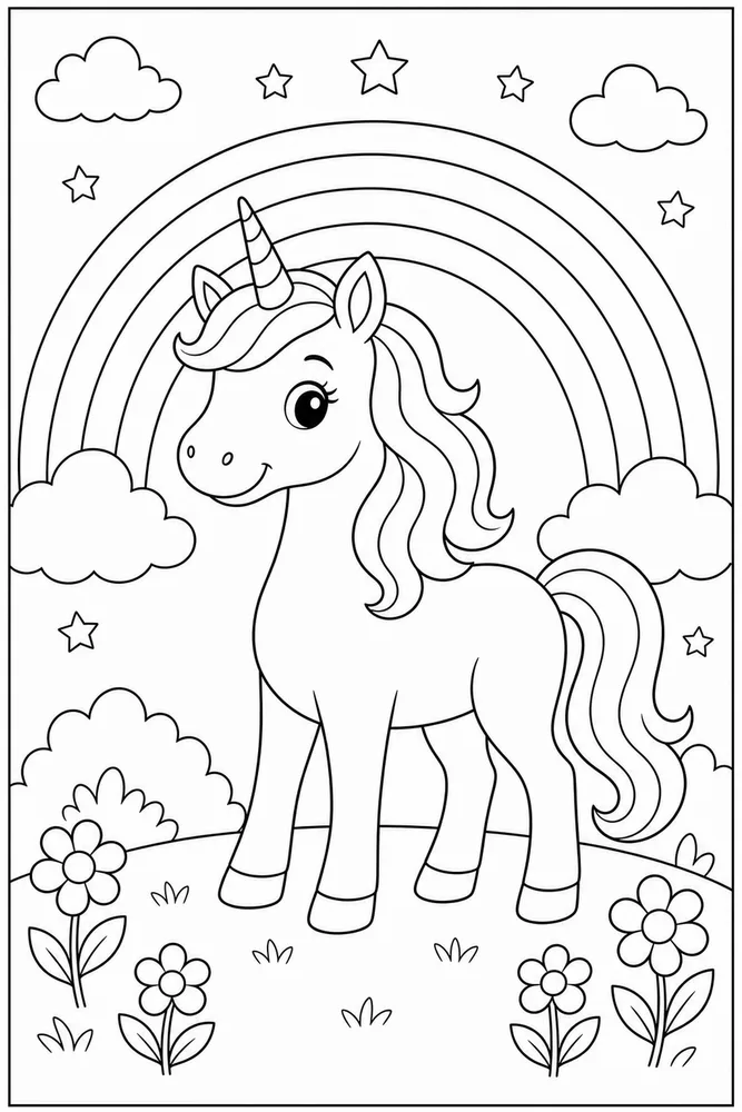 Easy Unicorn Big Rainbow Behind coloring page