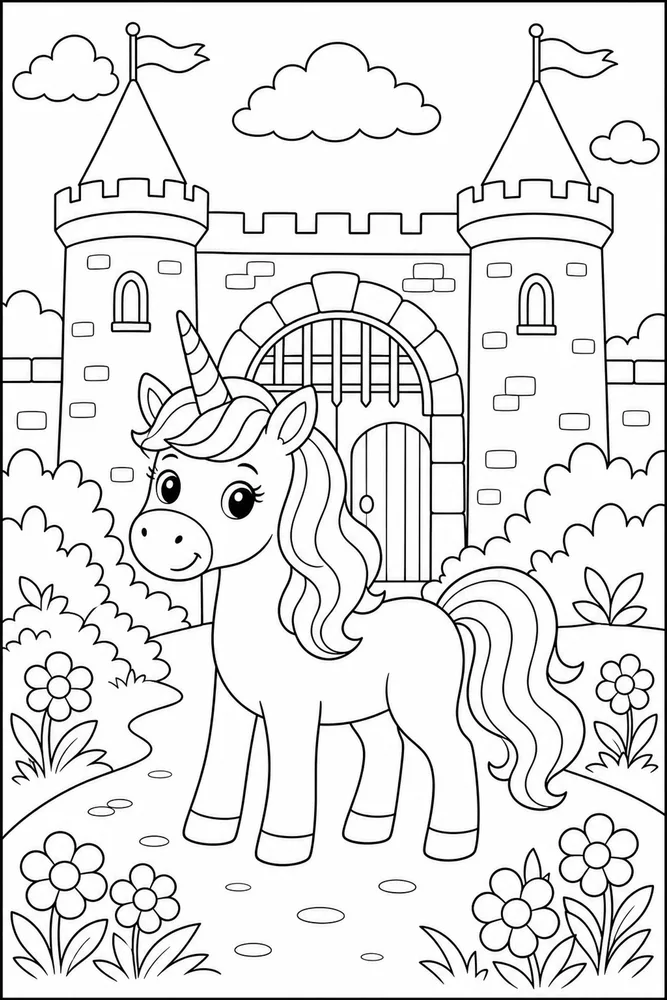 Easy Unicorn Easy Castle Gate coloring page