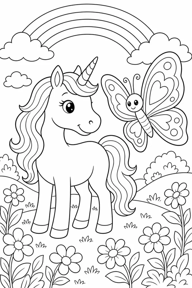 Easy Unicorn Large Butterfly Friend coloring page