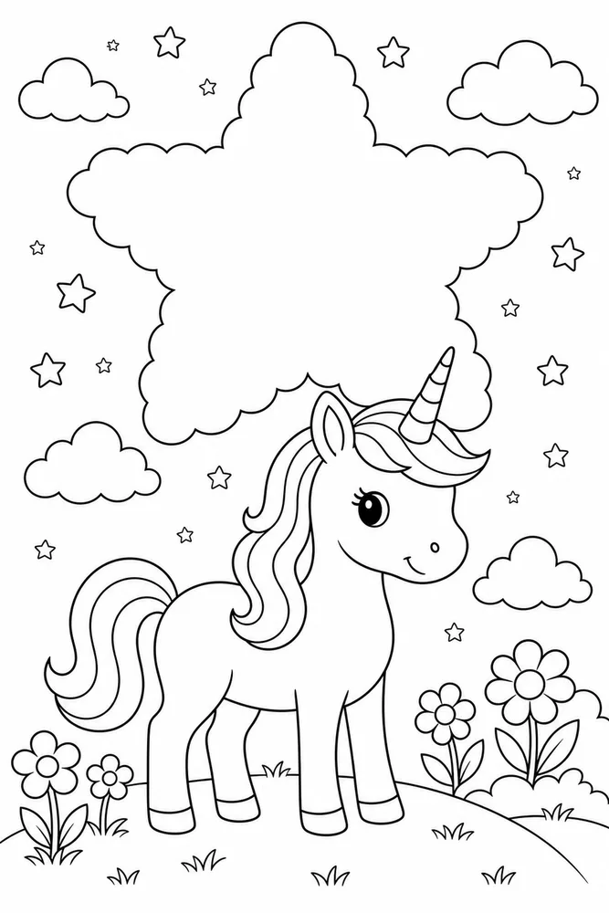 Easy Unicorn Large Star Cloud coloring page