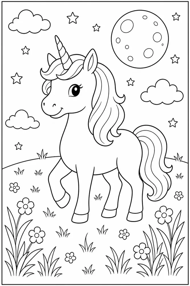 Easy Unicorn Round Moon Meadow coloring page