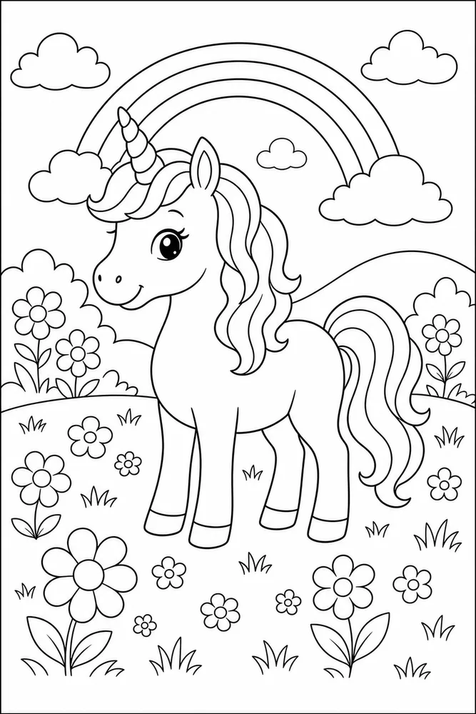 Easy Unicorn Simple Flower Field coloring page