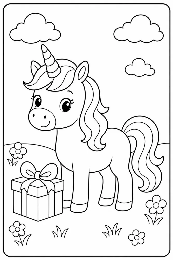 Easy Unicorn Simple Gift Box coloring page