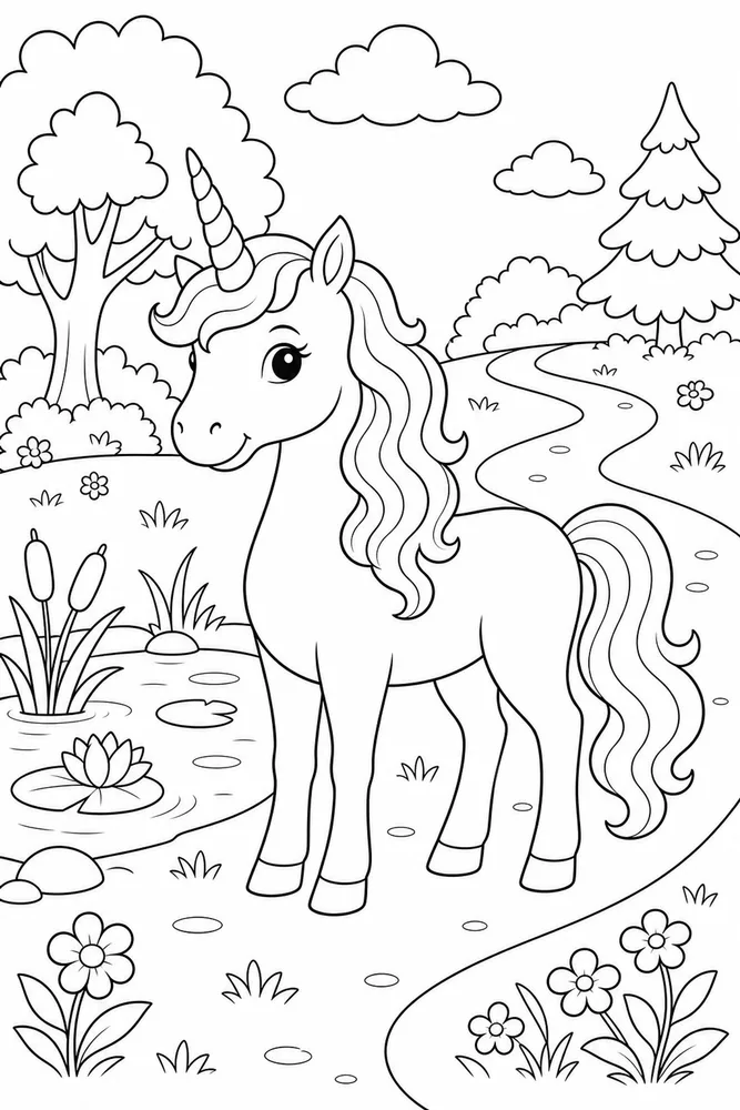 Easy Unicorn Simple Pond Path coloring page