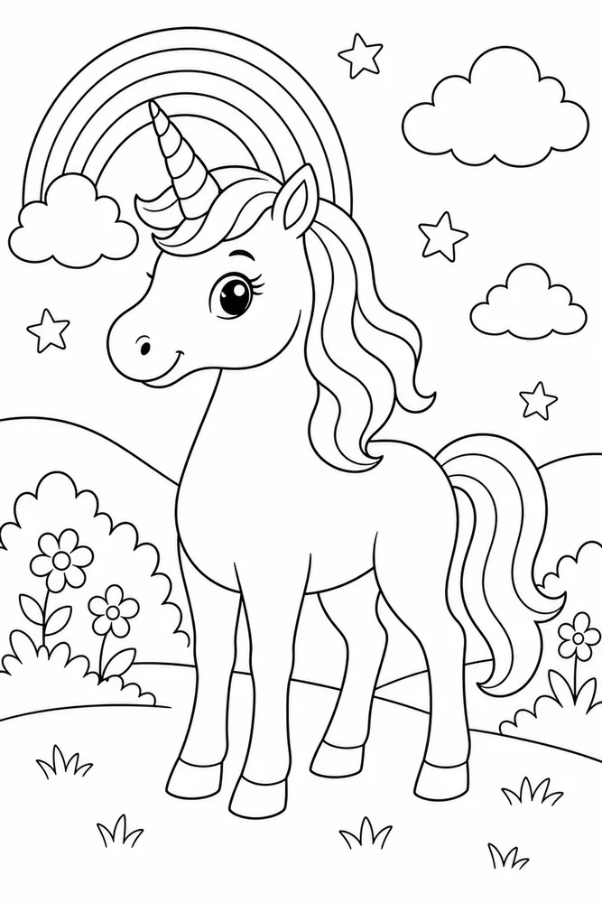 Easy Unicorn Coloring Pages preview: Easy Unicorn Standing Unicorn Outline coloring page