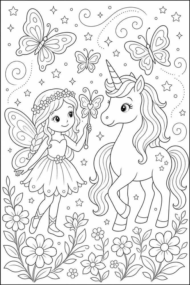 Fairy Unicorn Butterfly Wand Scene coloring page