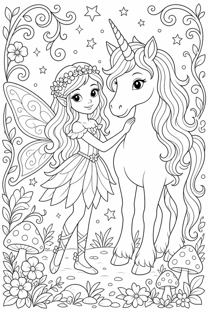 Fairy Unicorn Coloring Pages preview: Fairy Unicorn Fairy Beside Unicorn coloring page