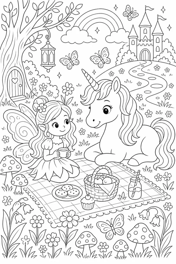 Fairy Unicorn Fairy Picnic Blanket coloring page