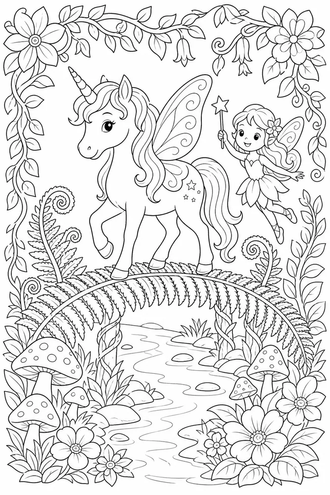Fairy Unicorn Fern Bridge Crossing coloring page