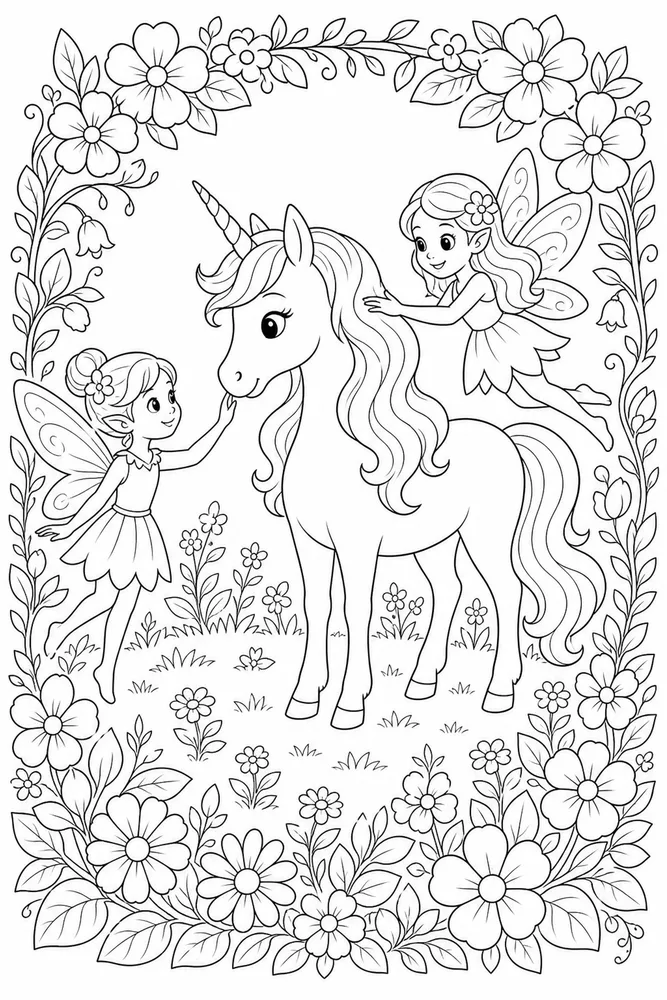 Fairy Unicorn Flower Ring Clearing coloring page