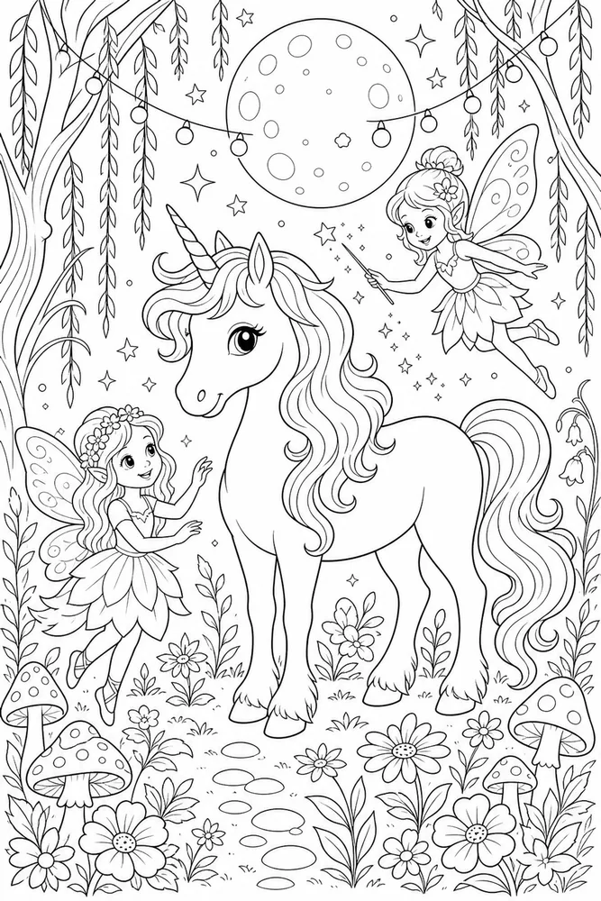 Fairy Unicorn Moonlit Fairy Glade coloring page