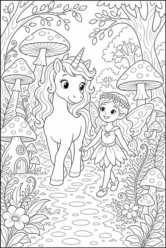 Fairy Unicorn Mushroom Forest Path coloring page