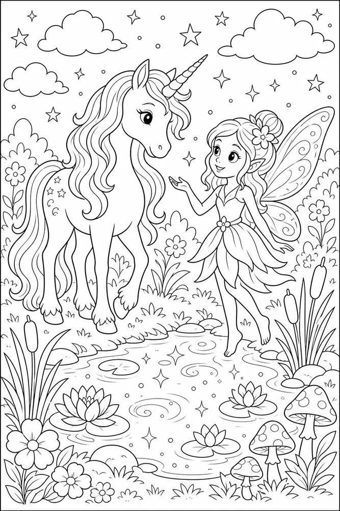 Fairy Unicorn Sparkle Pond coloring page