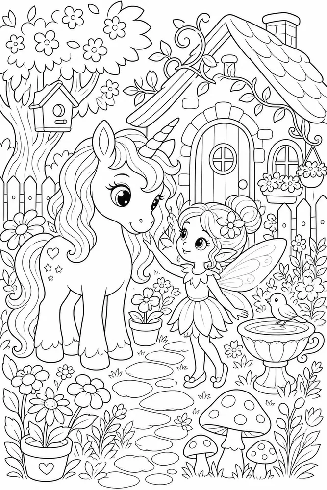 Fairy Unicorn Tiny Cottage Garden coloring page