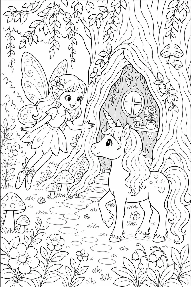 Fairy Unicorn Tree Hollow Visit coloring page