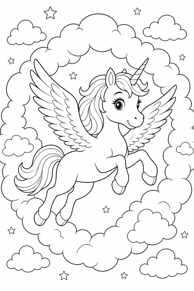 Flying Unicorn Cloud Ring Jump coloring page
