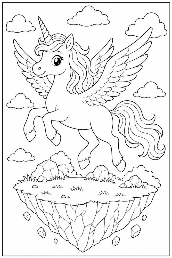 Flying Unicorn Floating Island coloring page