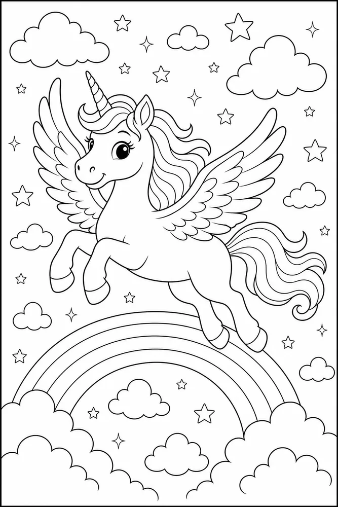 Flying Unicorn Flying Over Rainbow coloring page