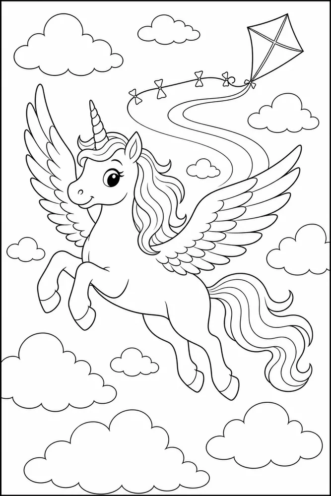 Flying Unicorn Kite Sky Path coloring page