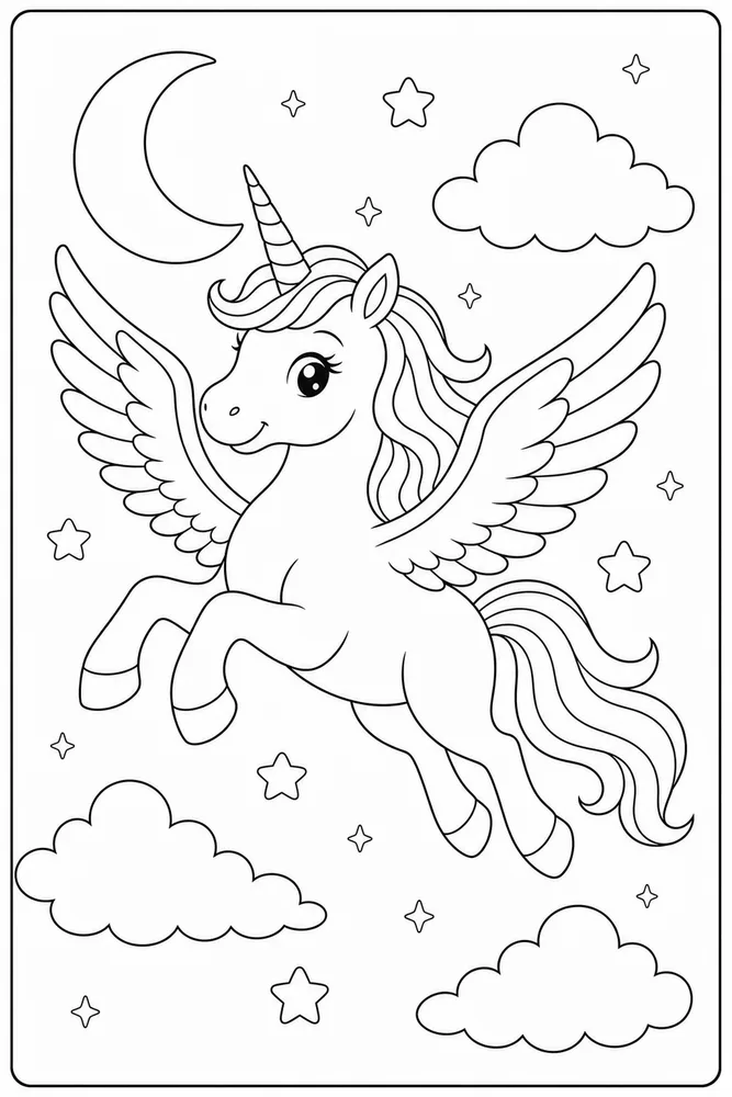 Flying Unicorn Moon Cloud Flight coloring page