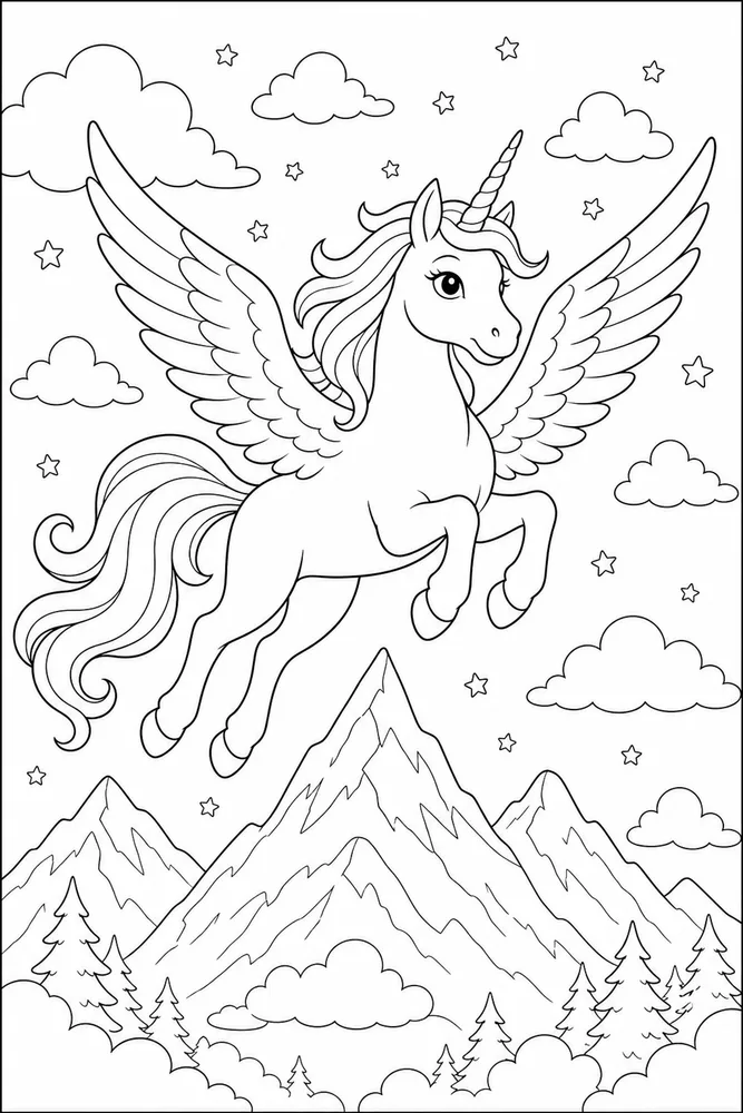 Flying Unicorn Mountain Soar coloring page