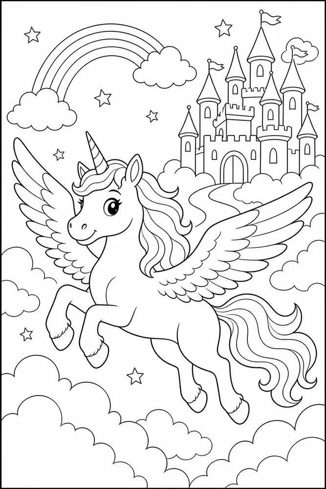 Flying Unicorn Sky Castle Glide coloring page