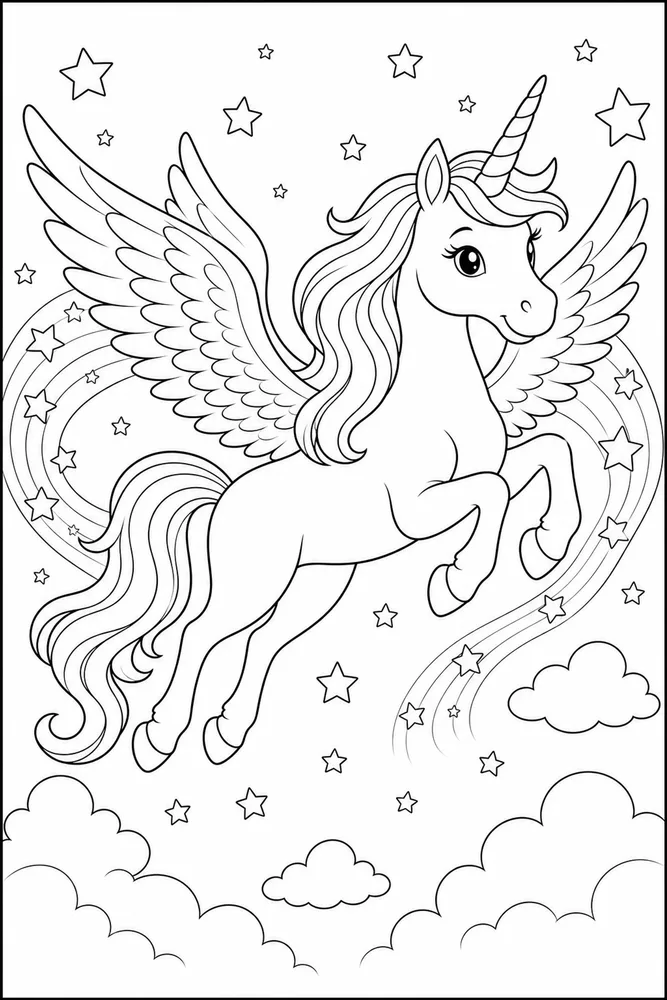 Flying Unicorn Star Trail Wings coloring page