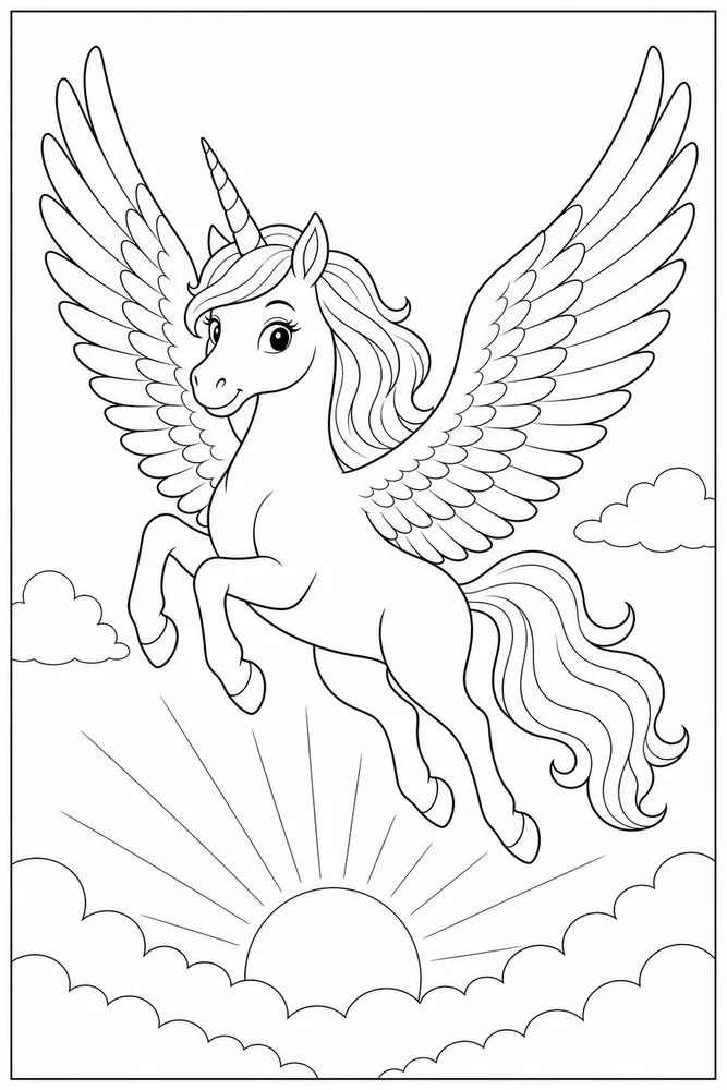 Flying Unicorn Sunrise Wing Pose coloring page