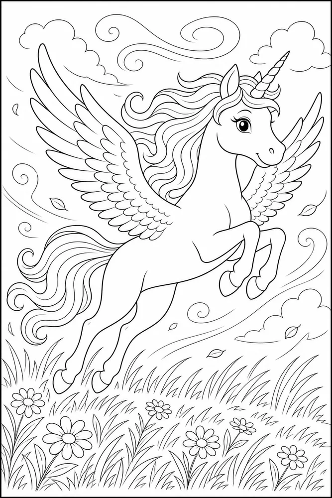 Flying Unicorn Windy Meadow Takeoff coloring page
