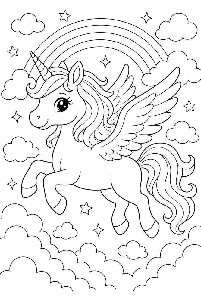 Flying Unicorn Coloring Pages preview: Flying Unicorn Winged Unicorn Cloud coloring page