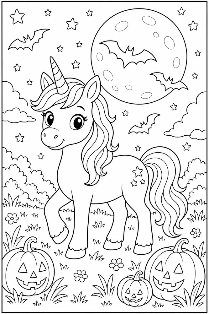 Halloween Unicorn Bat Moon Meadow coloring page