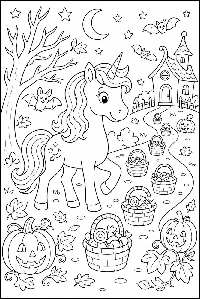 Halloween Unicorn Candy Basket Path coloring page