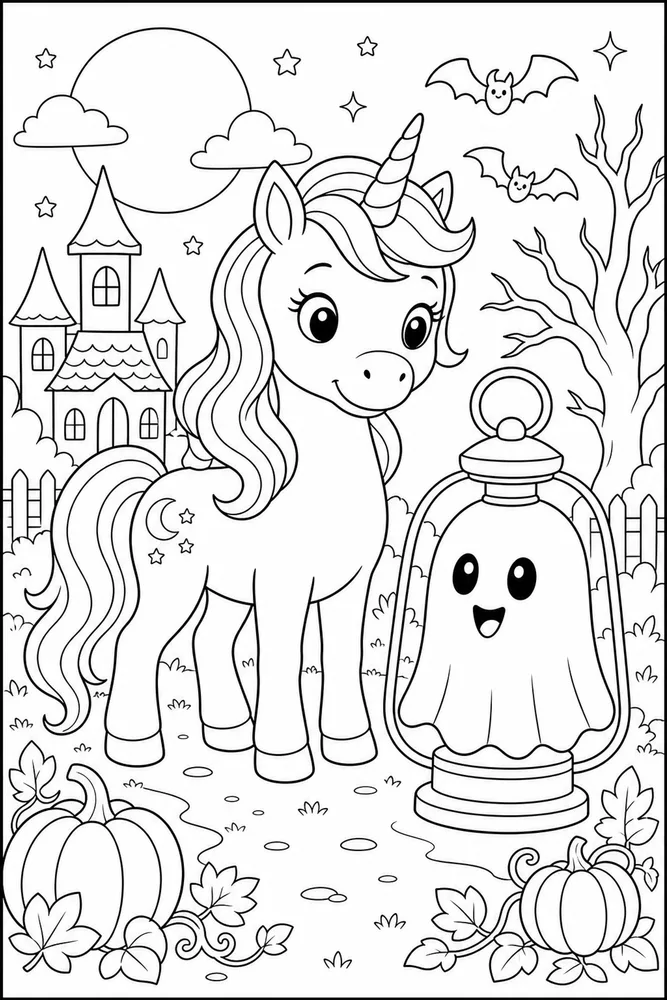 Halloween Unicorn Friendly Ghost Lantern coloring page