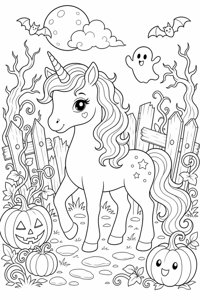 Halloween Unicorn Haunted Fence Garden coloring page