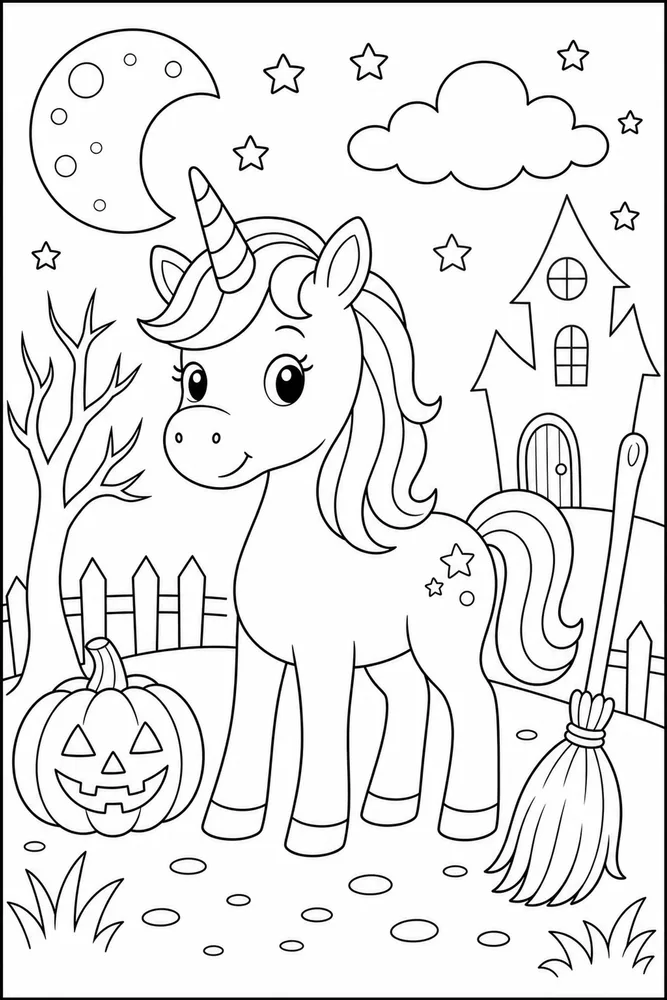Halloween Unicorn Moon Cloud Broom coloring page