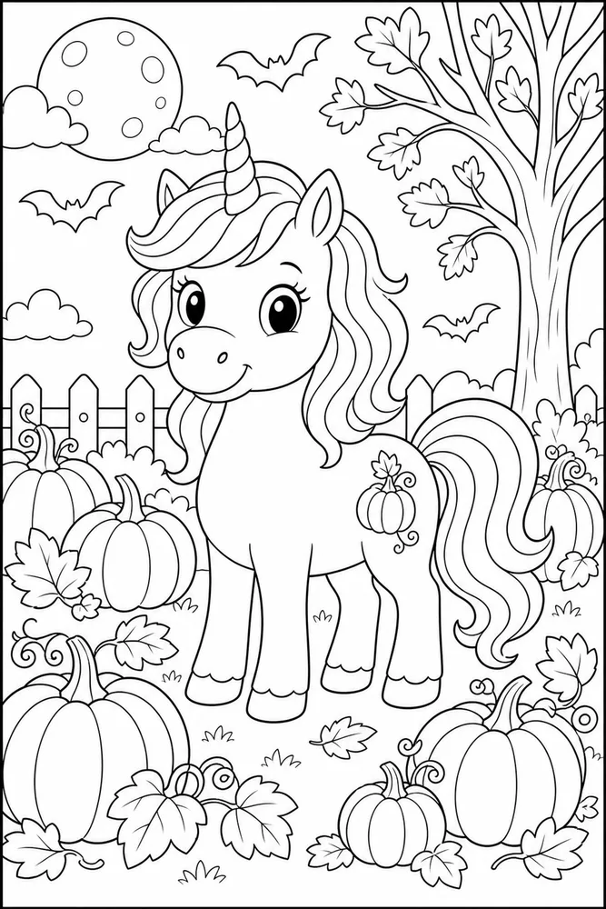 Halloween Unicorn Coloring Pages preview: Halloween Unicorn Pumpkin Patch Unicorn coloring page
