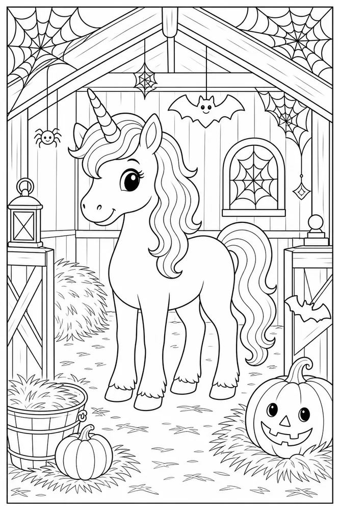 Halloween Unicorn Spiderweb Stable coloring page