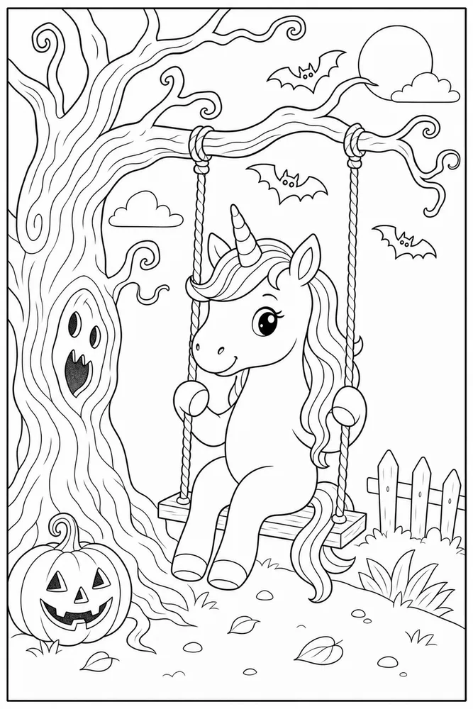 Halloween Unicorn Spooky Tree Swing coloring page