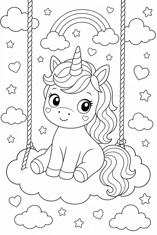 Kawaii Unicorn Cloud Swing coloring page