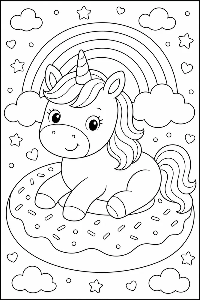 Kawaii Unicorn Donut Cushion coloring page