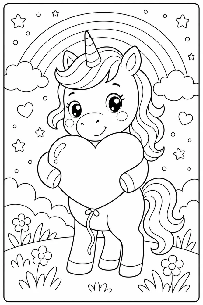 Kawaii Unicorn Heart Balloon Hug coloring page