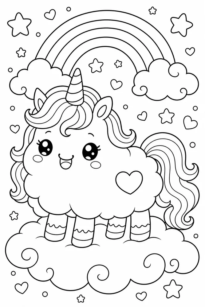 Kawaii Unicorn Coloring Pages preview: Kawaii Unicorn Kawaii Cloud Pillow coloring page