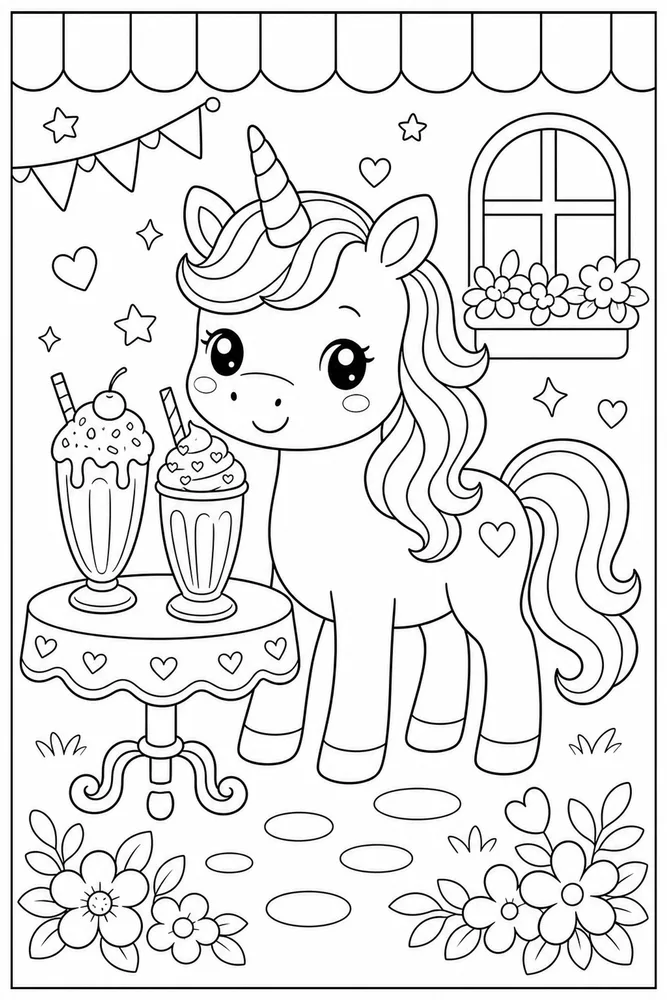 Kawaii Unicorn Milkshake Table coloring page