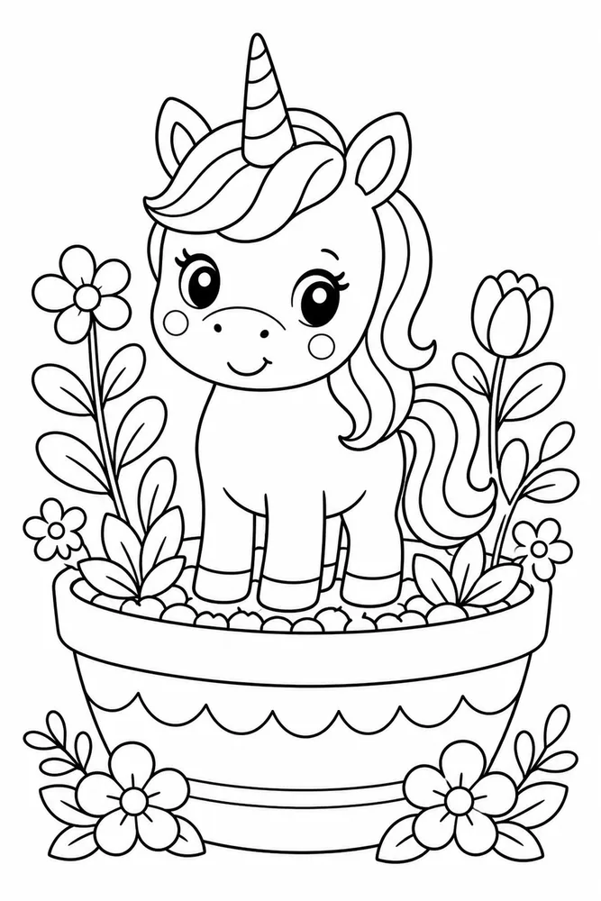 Kawaii Unicorn Mini Garden Pot coloring page