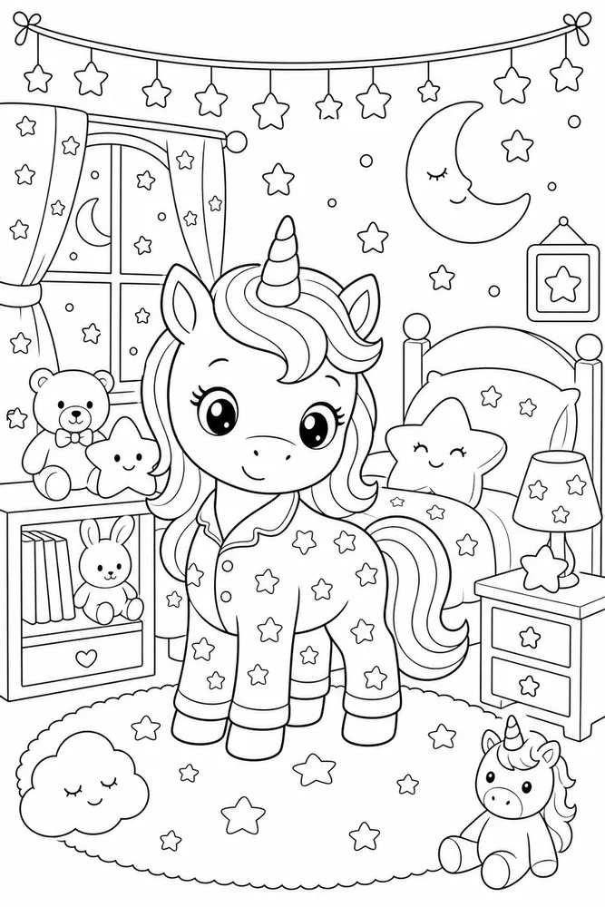 Kawaii Unicorn Pajama Star Room coloring page